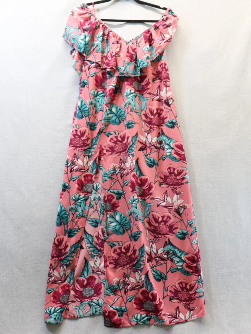 For Love & Lemons Flamenco Midi Dress L Pink Floral Silk Blend High Slit Ruffle - Picture 11 of 12